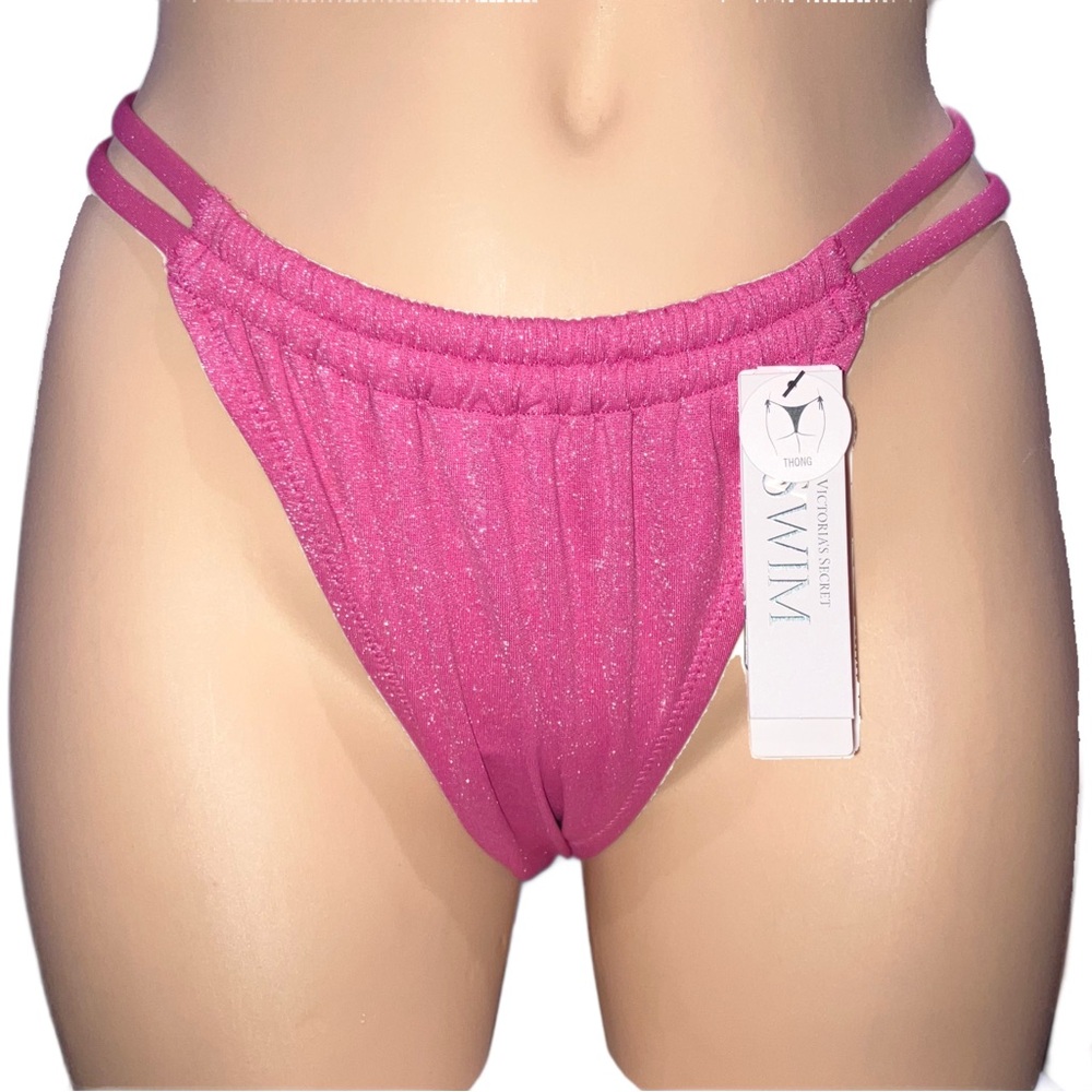 Victorias Secret Deliah Pink Shimmer Brazilian Bikini Swim Thong Bottom sz L NWT